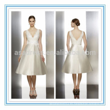 2015 último elegante corto blanco satinado vestido de novia apliques con cuello en v vestidos de novia nupciales (MNLB-1004)